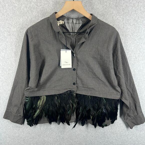 Other - Andorine Luxury Girls Feather Trim Check Oversized Dolman Sleeve Shirt Size 10A